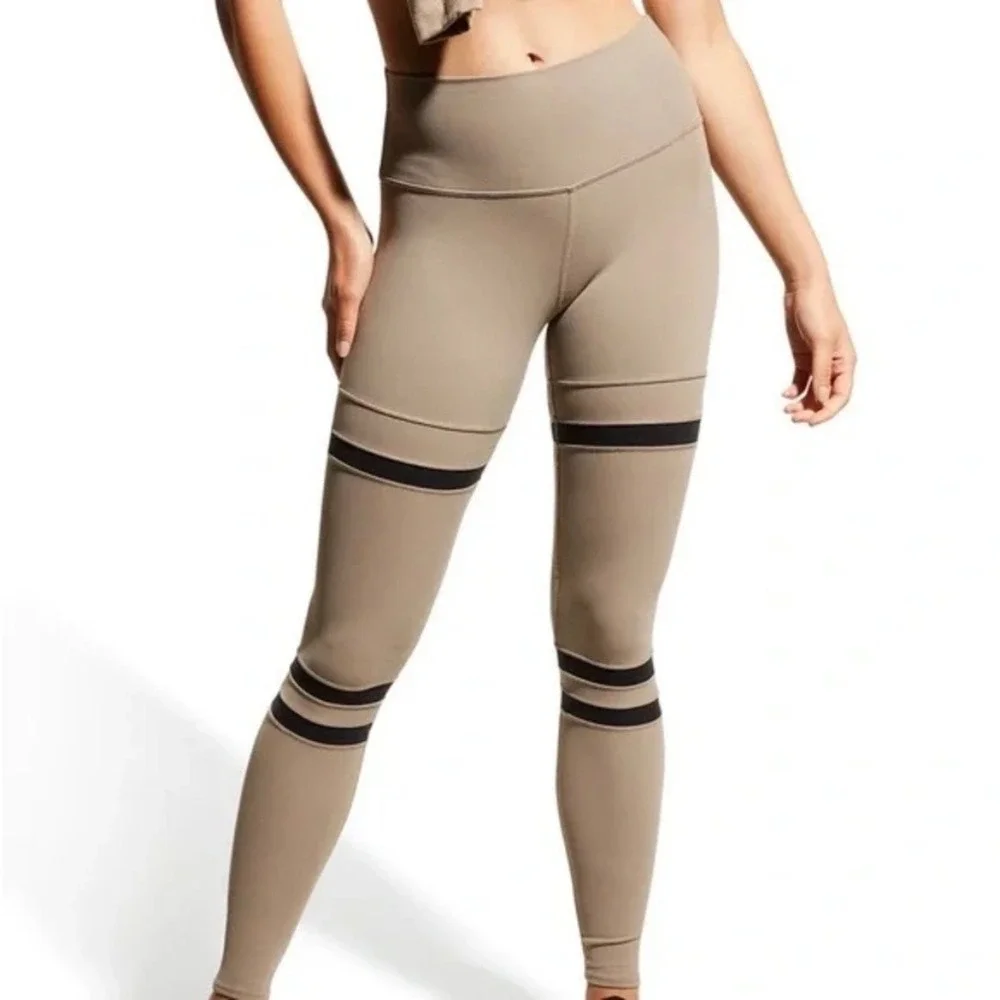 Alo Yoga High-Waist Legit Leggings Gravel Tan‎ Black Varsity Stripe Ribbed Sz M